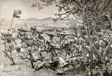 Sir Henry Morton Stanley e os seus homens saem finalmente da floresta para as pastagens em 1887, durante a sua expedição de socorro a Emin Pasha em África