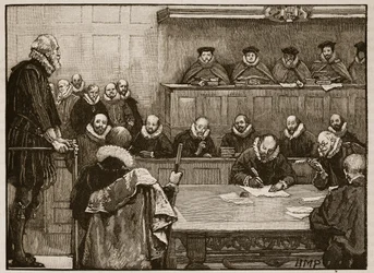 Sir Walter Raleigh perante os juízes, ilustração da história ilustrada de Cassells da Inglaterra (foto sépia)