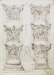 Six Capitals, a Lesene and Two Column Bases, Folio 1, The Master of the Oxford Album, c.1512-17 (caneta e tinta marrom escura)