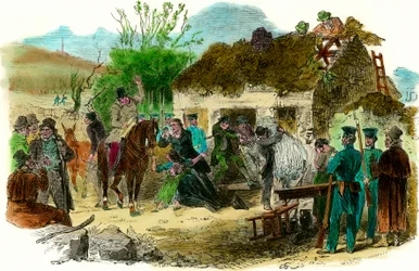 Condições sociais na Irlanda em 1848 expulsão de camponeses (ilustração noticiário londrino de 16 de dezembro de 1848)