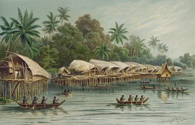 Sowek, uma aldeia de Pile na costa norte da Nova Guiné, de The History of Mankind, Vol. 1, do Prof. Friedrich Ratzel, 1896