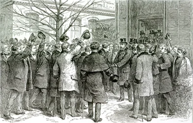 Ir. Robert Koch (1843-1910) deixando o Royal Hospital, onde o paciente inglês está sendo tratado, de The Graphic, 6 de dezembro de 1890
