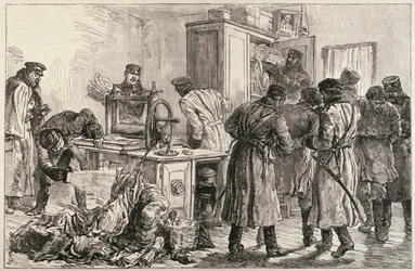 Polícia de São Petersburgo Descobrindo uma Imprensa Niilista, de &39;The Illustrated London News&39;, 16 de abril de 1887