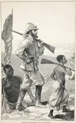 Stanley que aproxima o lago Tanganyika, ilustração da edição pictórica da vida e das descobertas de David Livingstone por J. Ewing Richie, bar. por A. Fullarton & Co., 1876