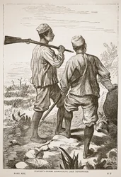 Os guias de Stanley a aproximarem-se do lago Tanganica, ilustração de A edição ilustrada da vida e das descobertas de David Livingstone, de J. Ewing Richie, publicada por A. Fullarton & Co., 1876
