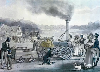 "Northumbrian" de Stephenson, a primeira locomotiva a ser construída com uma fornalha integrada (impressão)