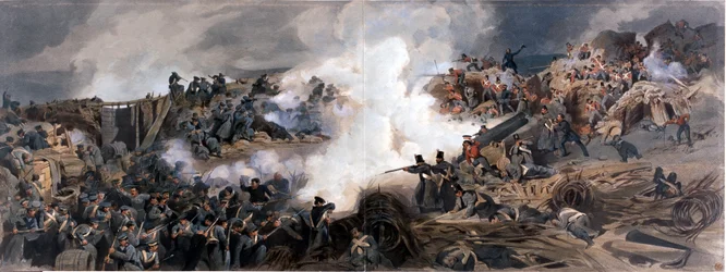 Ataque do Grande Redan, Sebastopol, 1855, da Carteira de Oficiais das Reminiscências Marcantes da Guerra de Desenhos, Fotografias e Notas, tiradas no local, feitas em Fotos Completas
