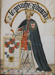 Stowe 594, f.14 Retrato de Eduardo, príncipe de Gales [o Príncipe Negro], cavaleiro fundador da Ordem da Jarreteira, de "Pictorial Book of Arms of the Order of the Garter" (Garter Book de William Bruge), c. 1430-40