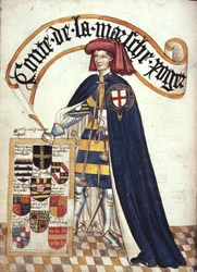 Stowe 594 fol.15v Roger Mortimer (1328-1360) 2º Conde de Março em roupões de ligas, do "William Bruges