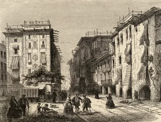 Rua em Barcelona, ilustração de &39;espanhol Pictures&39; pelo Rev. Samuel Manning (gravura)