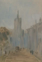 Rua com Igreja e Figuras anteriormente atribuídas a JMW Turner (1775-1851) e também atribuídas a Pedro de Wint (1784-1849), 1822-25 (óleo sobre papel)