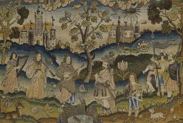 Stumpwork com cena de cinco músicos no jardim com árvore, meados do século XVII (tecido)
