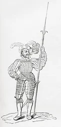 Fato de armadura com nervuras e gravada, da velha Inglaterra: A Pictorial Museum, pub. 1847