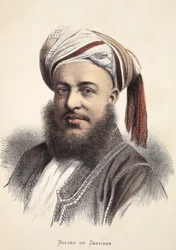 Sultão de Zanzibar, ilustração da edição pictórica da vida e das descobertas de David Livingstone por J. Ewing Richie, bar. por A. Fullarton & Co., 1876