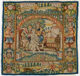 Almofada de tapeçaria representando Susannah at the Bath (uma de um conjunto de seis tapeçarias Sheldon, 47.9 a 47.14), fabricada em Sheldon, Inglaterra, caso seja genuína