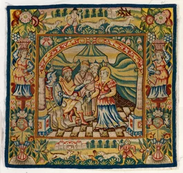 Almofada de tapeçaria representando Susannah before Judge (uma de um conjunto de seis tapeçarias Sheldon, compreendendo 47.9 a 47.14), fabricada em Sheldon, Inglaterra, caso seja genuína
