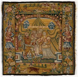Almofada de tapeçaria representando Susannah perante o juiz, fabricada em Sheldon, Inglaterra, depois de 1600 (lã)