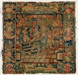 Almofada de tapeçaria representando Os Anciãos diante de Daniel, fabricada em Sheldon, Inglaterra, depois de 1600 (lã)