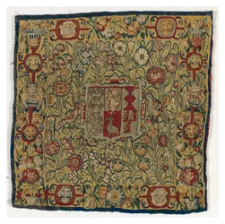 Almofada de tapeçaria representando as armas de Sacheverell, fabricada em Sheldon, Inglaterra, depois de 1600 (lã e seda)