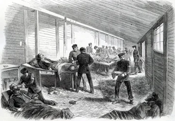 Hospital de campo temporário atrás do segundo paralelo prussiano em Dueppel, 1864