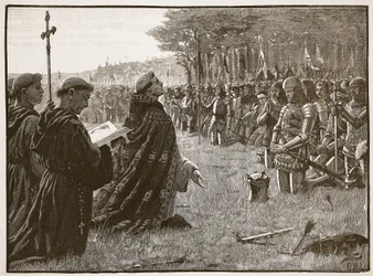 Ação de Graças do Exército Inglês após a Batalha de Agincourt, 25 de outubro de 1415, ilustração da História Ilustrada de Cassells da Inglaterra (foto sépia)