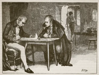 Os agentes da Grã-Bretanha e da Suécia, assinando o tratado contra Napoleão, ilustração da história ilustrada de Cassells da Inglaterra (foto sépia)
