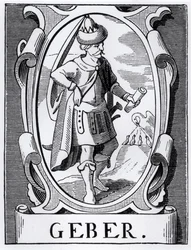 A ilustração do Alquimista Geber (século XIV) da Ciência e Literatura da Idade Média e do Renascimento, escrita e gravada por Paul Lacroix, 1878