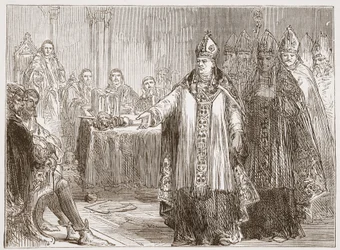 Os arcebispos de York e Canterbury antes do parlamento na abadia de Westminster, ilustração da história do protestantismo por James Aitken Wylie (1808-1890), bar. 1878