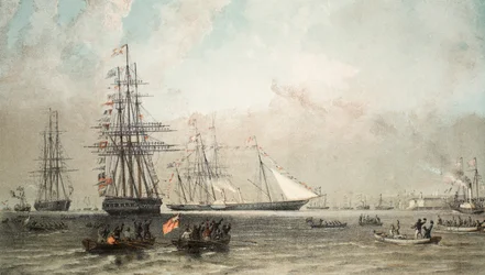 A chegada do iate real fora Gravesend, 7 de março de 1863, de um memorial do casamento de Edward VII e Alexandra da Dinamarca, pub. 1864