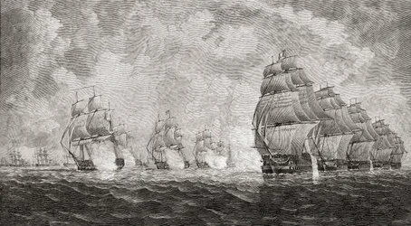A Batalha de Pulo Aura, 1804, de "Uma Breve História do Povo Inglês", de JR Green, publicada em 1893