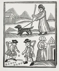 O mendigo que está se encontrando com seu cachorro, traz para casa um bom estoque de riqueza para prog, com o qual ele supera o cavaleiro, e acasala seu filho para seu deleite, ilustração de livros de chapim do décimo oitavo cen