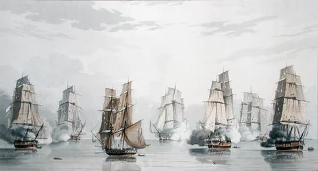 O Esquadrão Britânico sob o Comando do Capitão Charles Marsh Schomberg e o Esquadrão Francês sob o Comando do Comodoro Roquebert, Becalmed pouco depois do início da Acção ao largo de Madagáscar, 20 de Maio de 1811 (cor litho)
