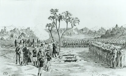 O enterro do general Earle e coronéis Eyre e Coveney em Kirbekan, da campanha das cataratas pelo general William Francis Butler, publicado em 1887