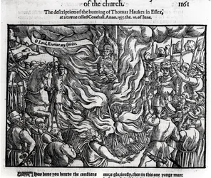 A queima de Thomas Haukes, 10 de junho de 1555, de "Atos e Monumentos" de John Foxe (1516-87) 1563