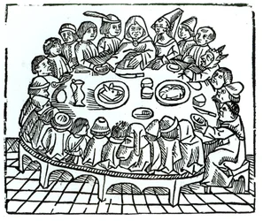 Os peregrinos de Canterbury, sentados para uma refeição compartilhada, ilustração de "Canterbury Tales", de Geoffrey Chaucer (c.1345-1400), impressa por Wynkyn de Worde, c.1485