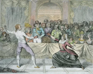 O Chevalier dEon, vestido de mulher, em uma partida de esgrima (posterior coloração)