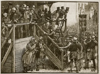 O Concurso Clare: Padre Murphy levando seus inquilinos à enquete, ilustração da História Ilustrada de Cassells da Inglaterra (foto em sépia)