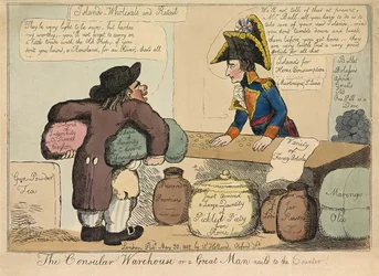 O Armazém Consular ou um Grande Homem pregado ao balcão, pub. 1802 (gravura a cores)