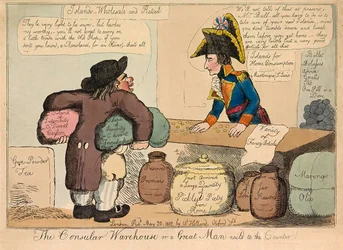 O armazém consular ou um grande homem pregado ao balcão, bar. 1802 gravura colorida à mão.