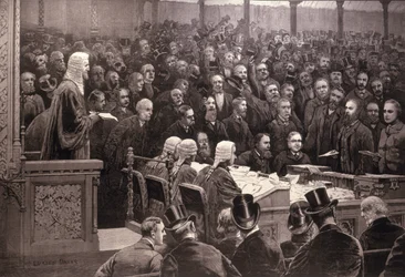 A Divisão na Câmara dos Comuns sobre a questão do Home Rule irlandês, &39;The Ayes; 311, os Noes; 341 &39;, de&39; The Illustrated London News &39;, 6 de dezembro de 1886