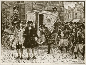 O plenipotente inglês insultou nas ruas de Utrecht, 1712, ilustração de Cassells Illustrated History of England (foto em sépia)