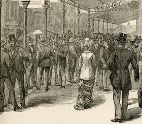 A troca no Hall of Commerce, Collins Street, Melbourne, de "Os habitantes do mundo" por GT Bettany, publicado em 1888 (gravura)