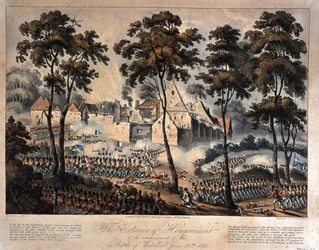 O Exterior de Hougoumont no Início da Batalha de Waterloo, 18 de junho de 1815, gravado por T. Sutherland, publicado em 1816 (aquatint)