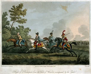 O vôo de Bonaparte (1769-1821) do campo de Waterloo em 1815, 1817 (aquatint)