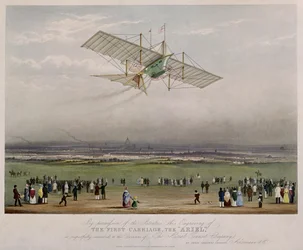 A Máquina Voadora, a Ariel, a partir de projetos preparados por WS Henson em 1842, publicados pela Ackermann & Co., 1843