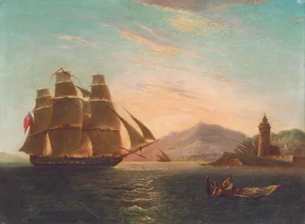 A fragata HMS Pearl, 32 armas, entrando em Faro, Messina