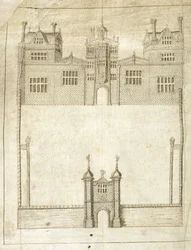 The Front of Wilton House, detalhe da Pesquisa de Terras para o 1º Conde de Pembroke, 1566 (caneta e tinta sobre velino)
