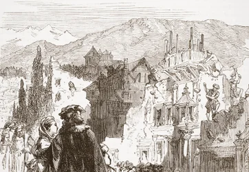 Os Genevans destruindo os subúrbios de sua cidade, ilustração da História do Protestantismo por James Aitken Wylie (1808-1890), pub. 1878