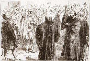 Os genebrinos juram sua renúncia ao romanismo, ilustração de A História do Protestantismo, de James Aitken Wylie (1808-1890), pub. 1878