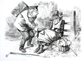 O viajante comercial alemão roubando as quotas de mercado do comércio britânico, caricatura de Punch, The London Charivari, 5 de setembro de 1896